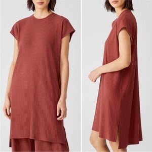 Eileen Fisher Textured Stretch Rib Crew Neck Dress Large rust knee short sleeve